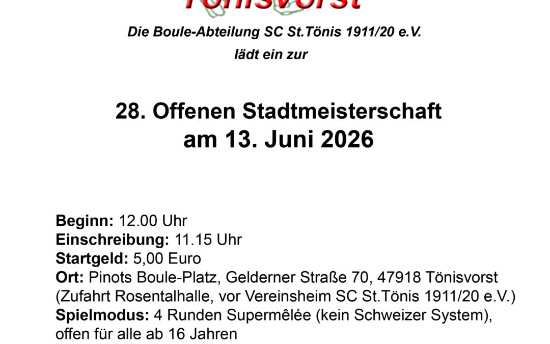 28. Offene Stadtmeisterschaft 2026 am 13.Juni